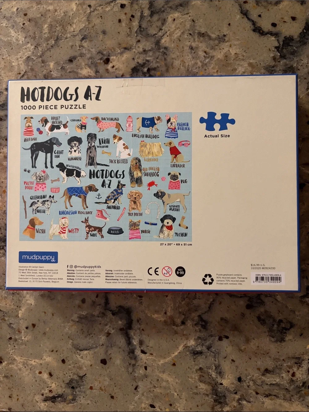 Hotdogs A-Z Dog Breed 1000 Piece Puzzle, by Mudpuppy, Asst Dogs and Colors
